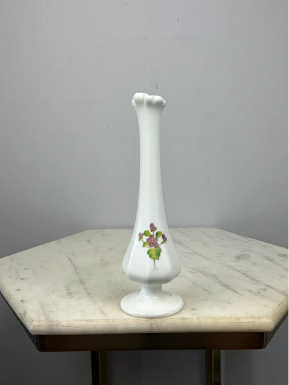 fenton Vintage White Milk Glass Bud Vase Purple Violets Floral Pedestal Vase